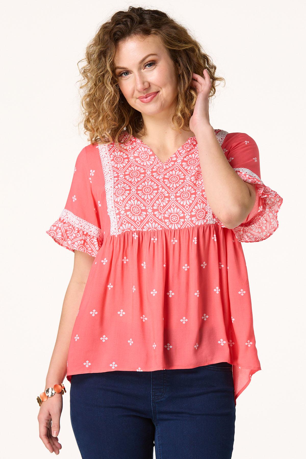 Ruffle Sleeve Crochet Trim Top