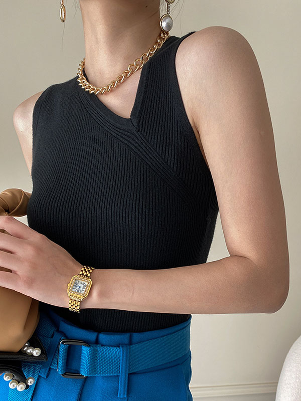 Asymmetric Solid Color Sleeveless V-Neck Vest Top