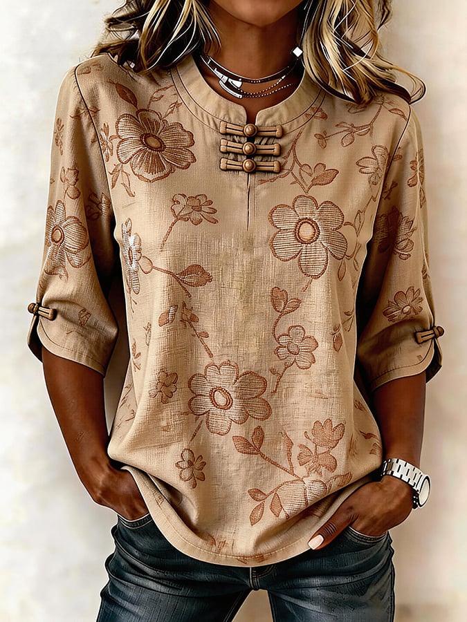 Women's Floral Art Print Button-Up Top