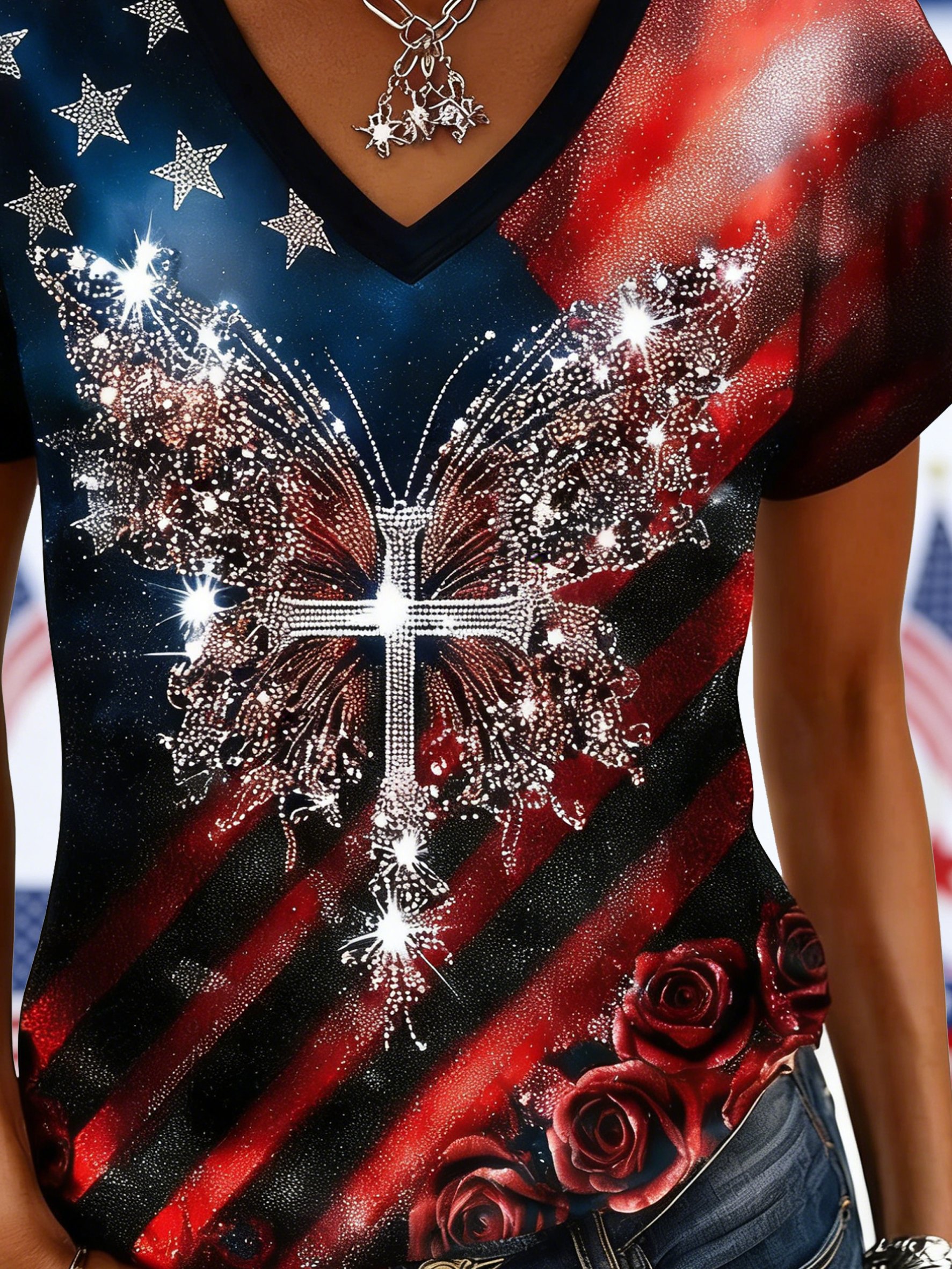 Vintage 3D Printing America Flag Floral Short Sleeve V Neck Butterfly Casual T-Shirt