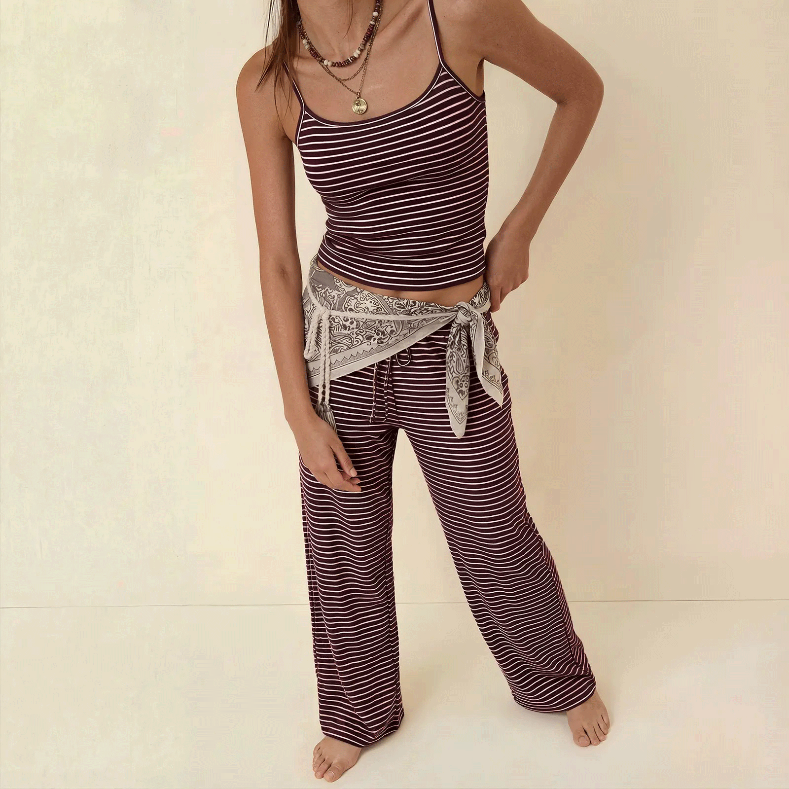 Women’s Striped Tube Top & Wide Leg Pants Set – Casual Chic Lounge Two-Piece Outfit