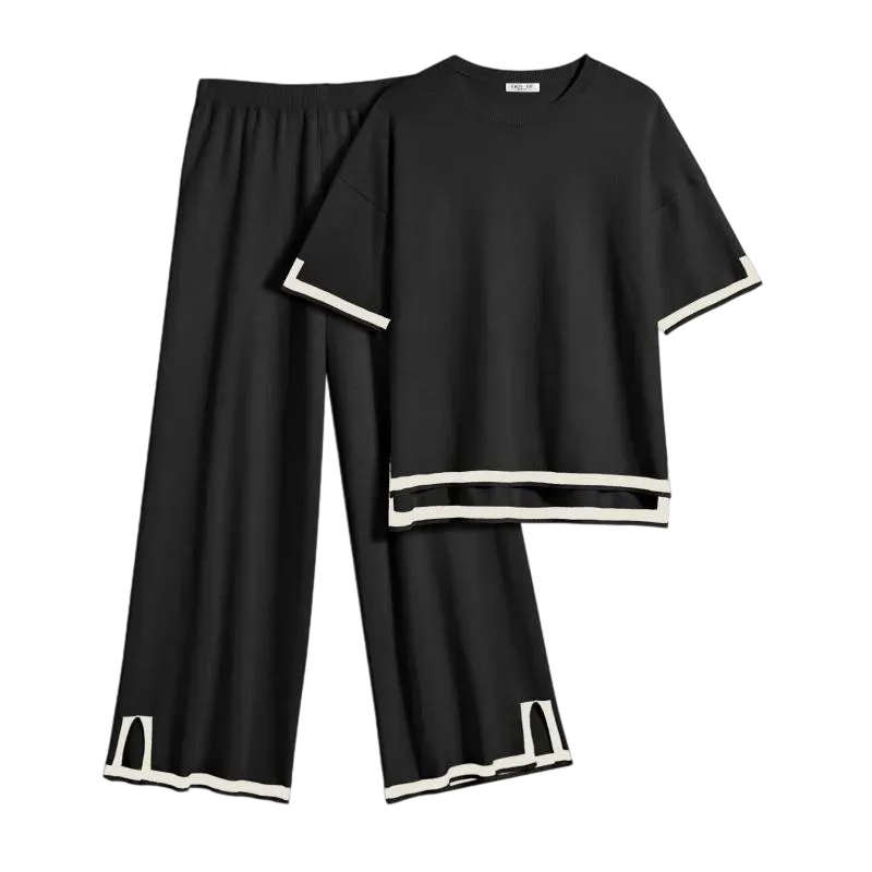 Women’s 2-Piece Knit Lounge Set – Short Sleeve Top & Wide-Leg Pants