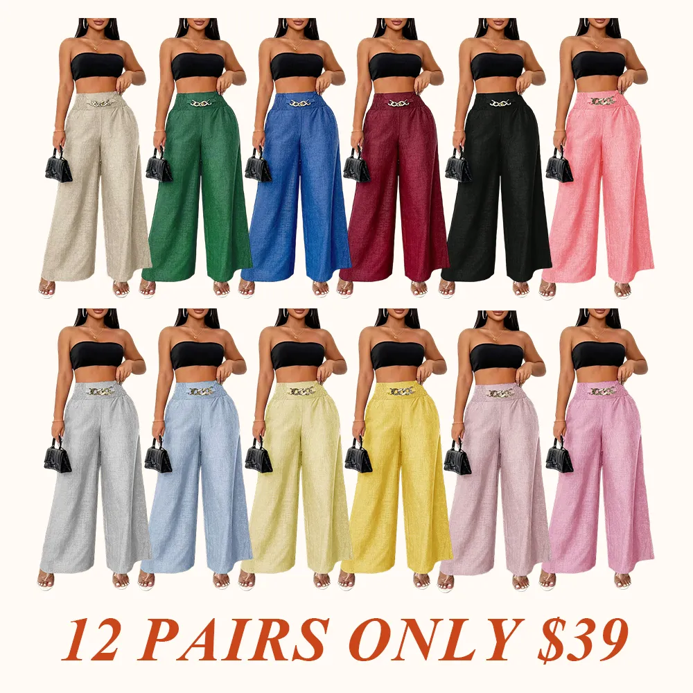 Women's Solid Color High-Waisted Pants, Stretchable Loose-Fitting Wide-Leg Trousers