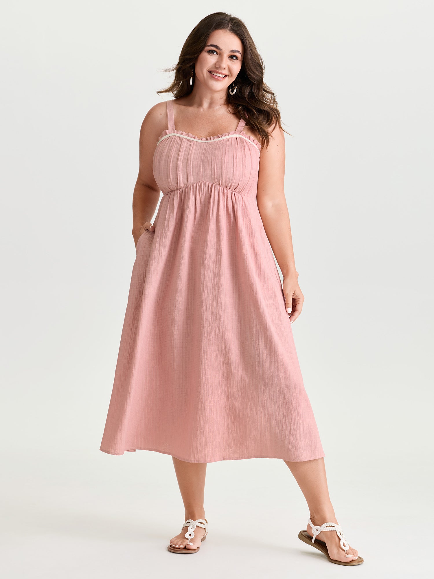 Pleated Front Textured Wide Strap Midi Dress