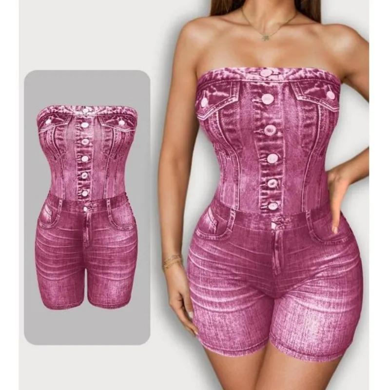 Women's Denim-effect Print Tube Romper