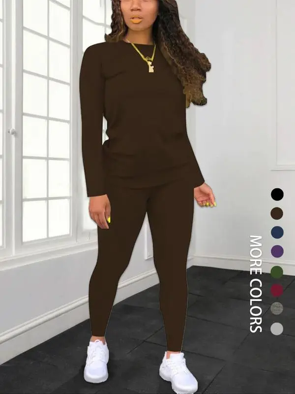 Women's Minimalist Chic Solid Long Sleeve Tee & Elastic Waist Pants Set