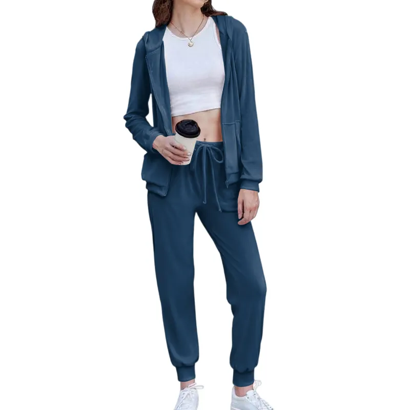 Women's Casual Velour Tracksuit Set Full Zipper Hoodie