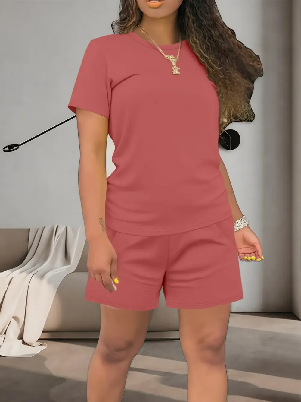 Women's Summer Casual Set, Regular Fit Short Sleeve Top & Shorts, Plain Color Women's