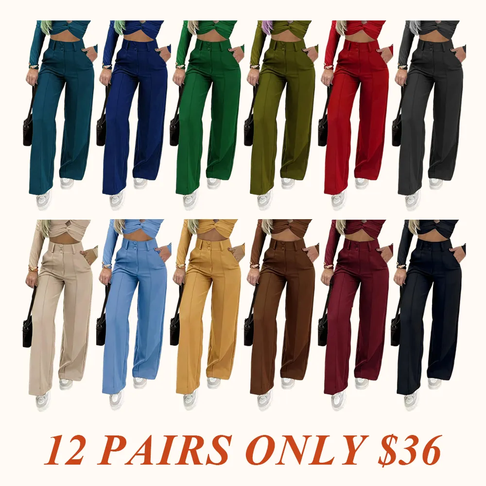 Women's Simple Wide-Leg Pants with Double Button Front