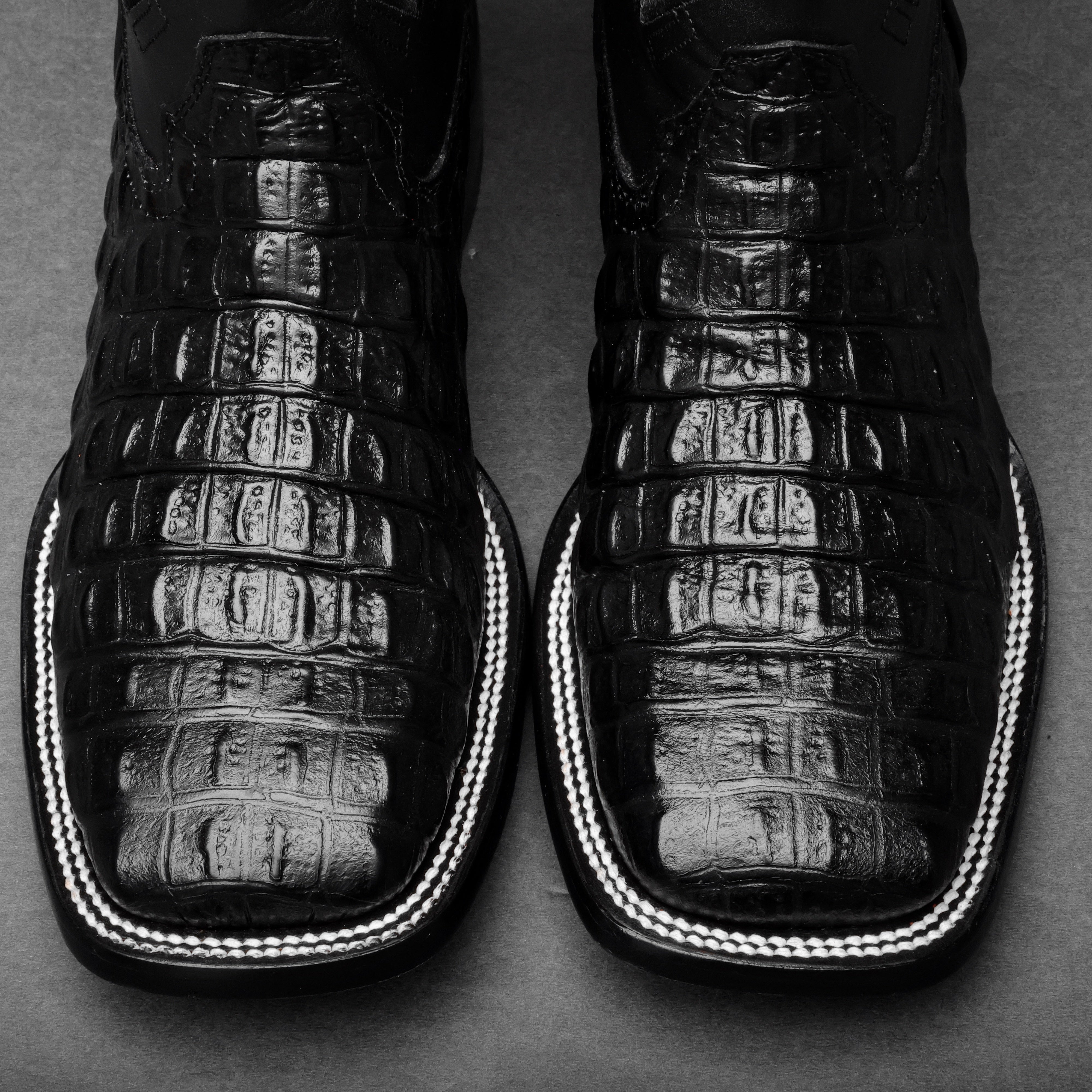 Black Caiman Hornback Leather Boots - Square Toe