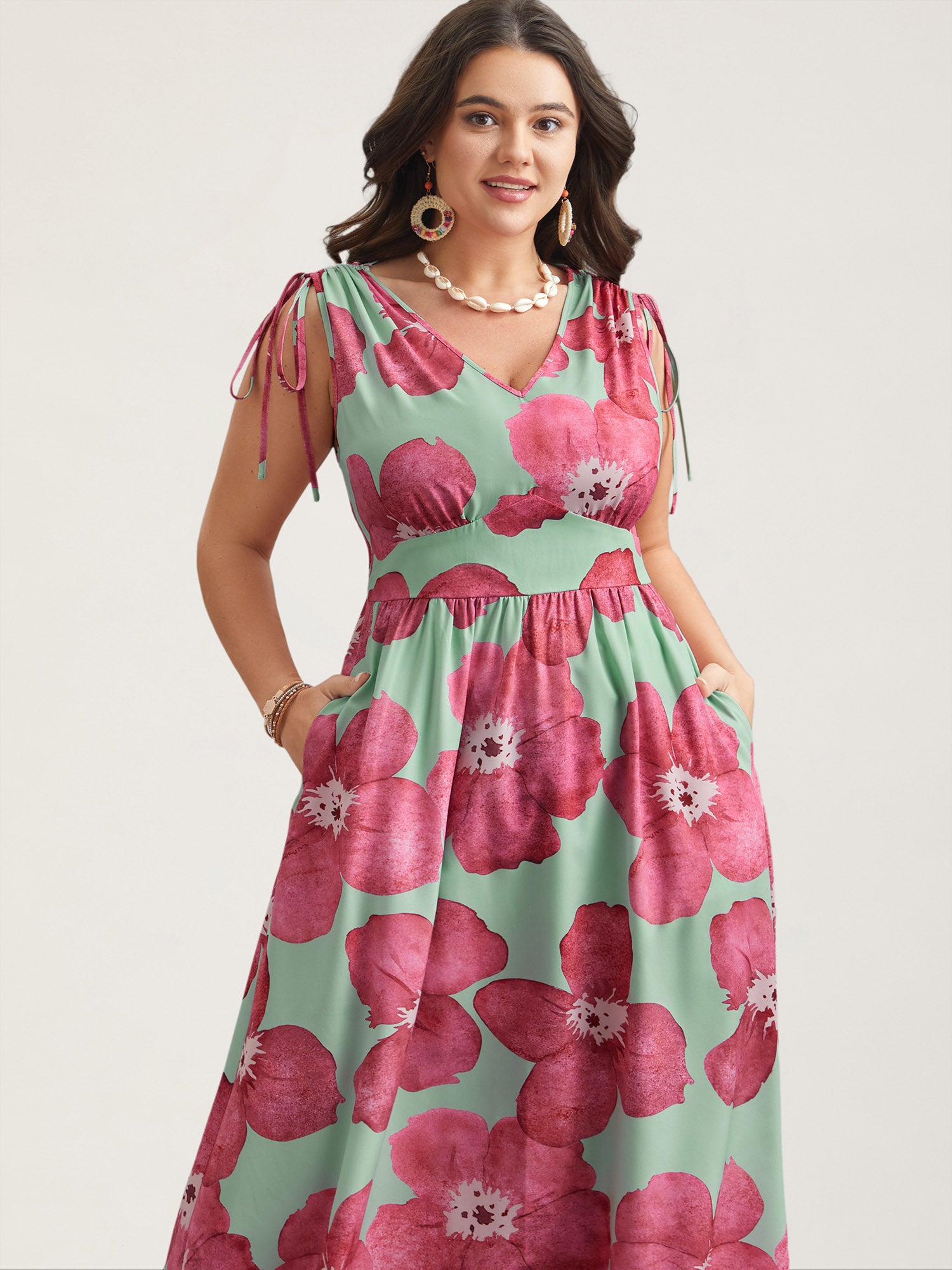 Floral Print V-Neck Tied Midi Dress