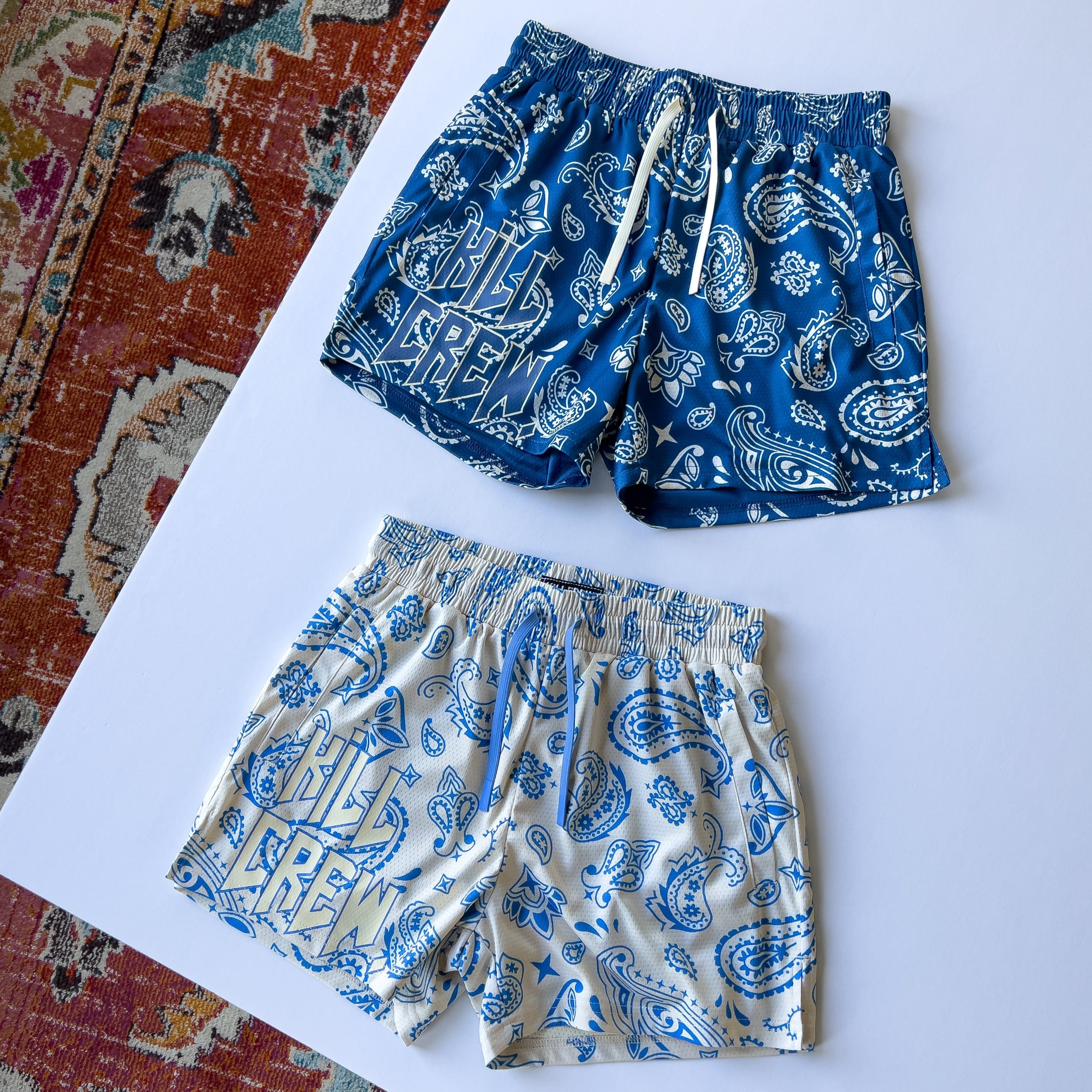 MUAY THAI SHORTS (MID THIGH CUT) BANDANA - CREAM / BLUE