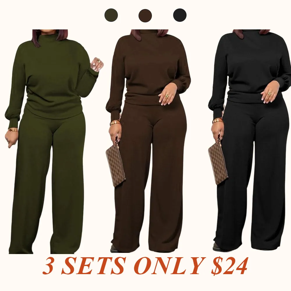 Women's Chic Fall Winter Silky Soft 2-Piece Set - Long Sleeve Semi High Neck Loose Top & Wide Leg Pants, Casual Cozy Outfit for Daily Wear