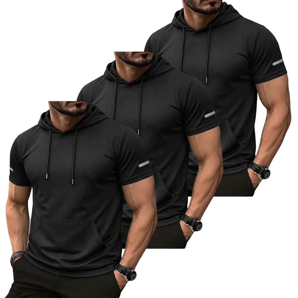 9-Pack Men’s lightweight outdoor hooded T-shirt in smooth mesh fabric—practical for morning runs and hiking