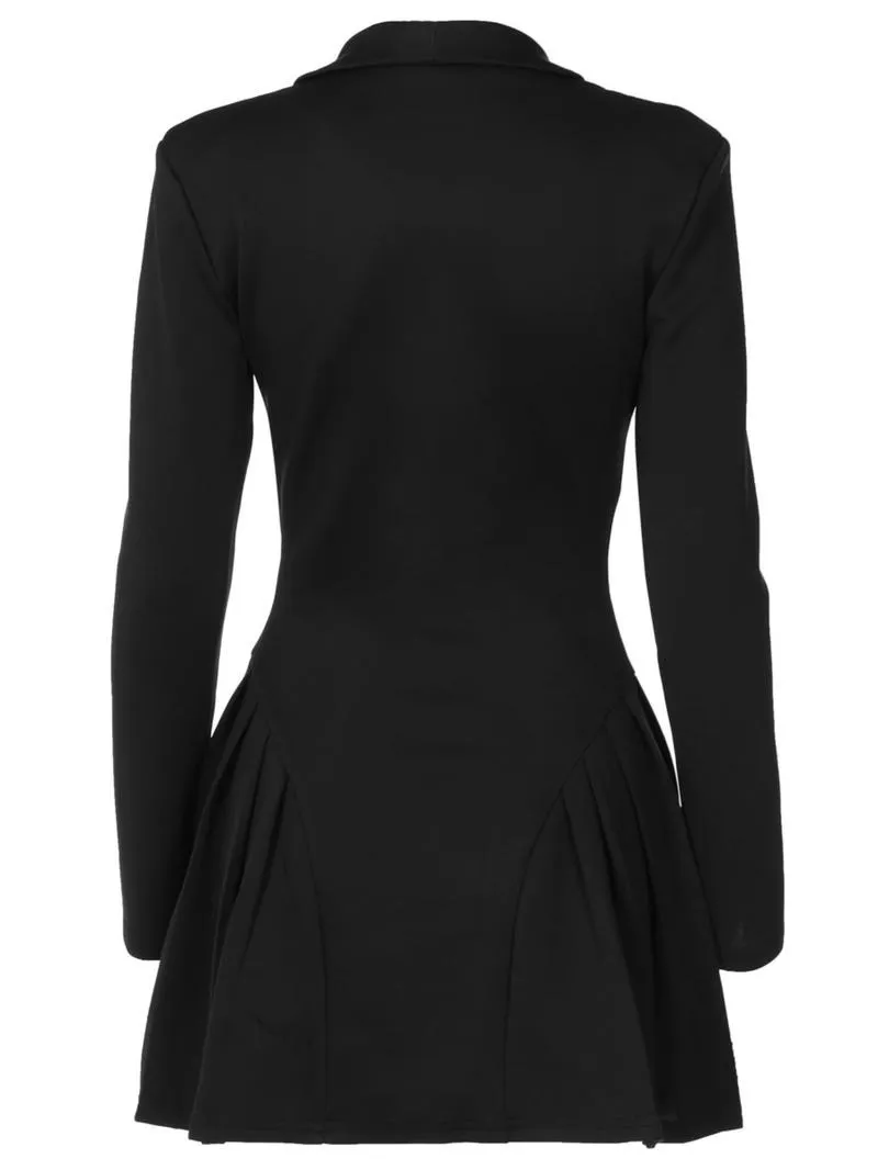 Women's Solid Deep V-Neck Pleated A-Line Dress, Elegant Button Front Long Sleeve Short Dress for Spring & Fall