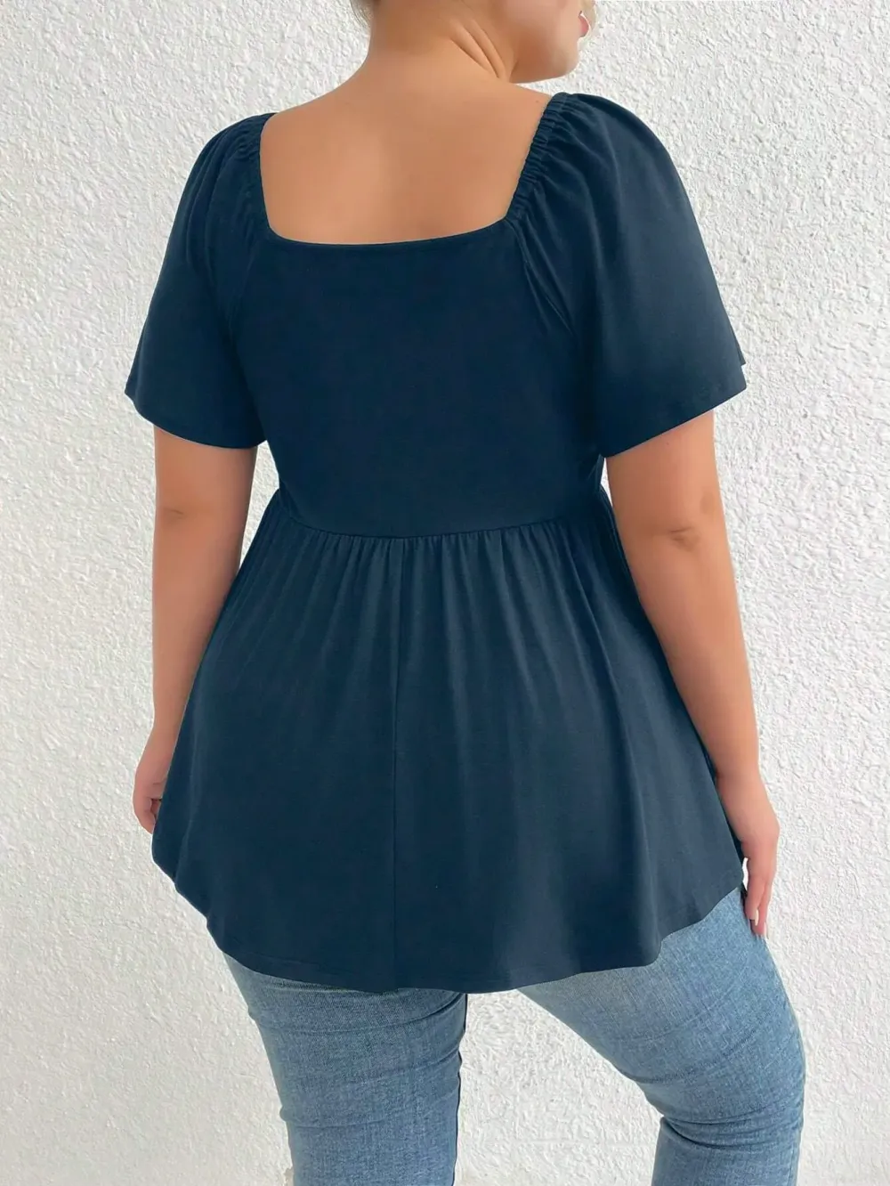 Plus Size Solid Color Rhinestone Collar Tie Front Short Sleeve Simple Casual T-Shirt