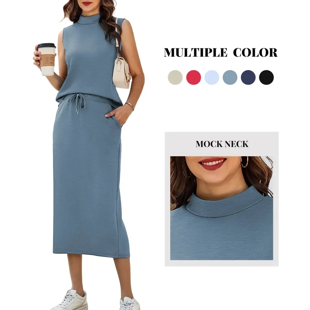 Women's Two Piece Sets Summer Outfits Cap Sleeve Top Drawstring Midi Skirts
