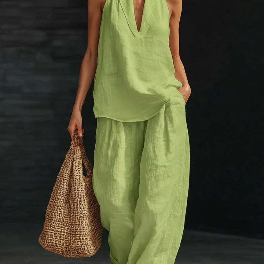 Two Piece Set - Perfect for Beach, Vacation & Brunch! Halter Neck Sleeveless Top Wide Leg Pants Set