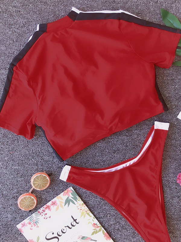 Color-Block Zipper Top Short Sleeves Bikinis Swimwear