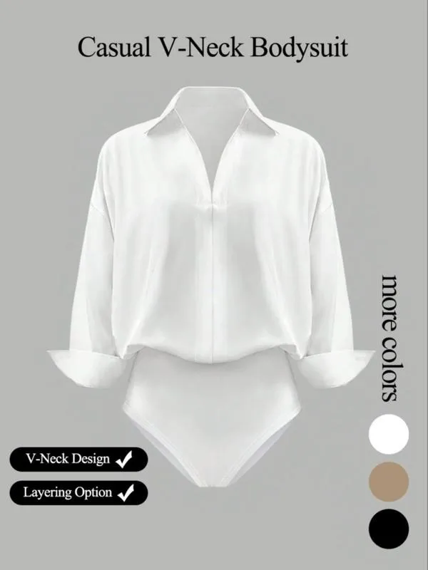 Women's casual loose V-neck long-sleeved shirt jumpsuit, elegant woven fabric, slim fit