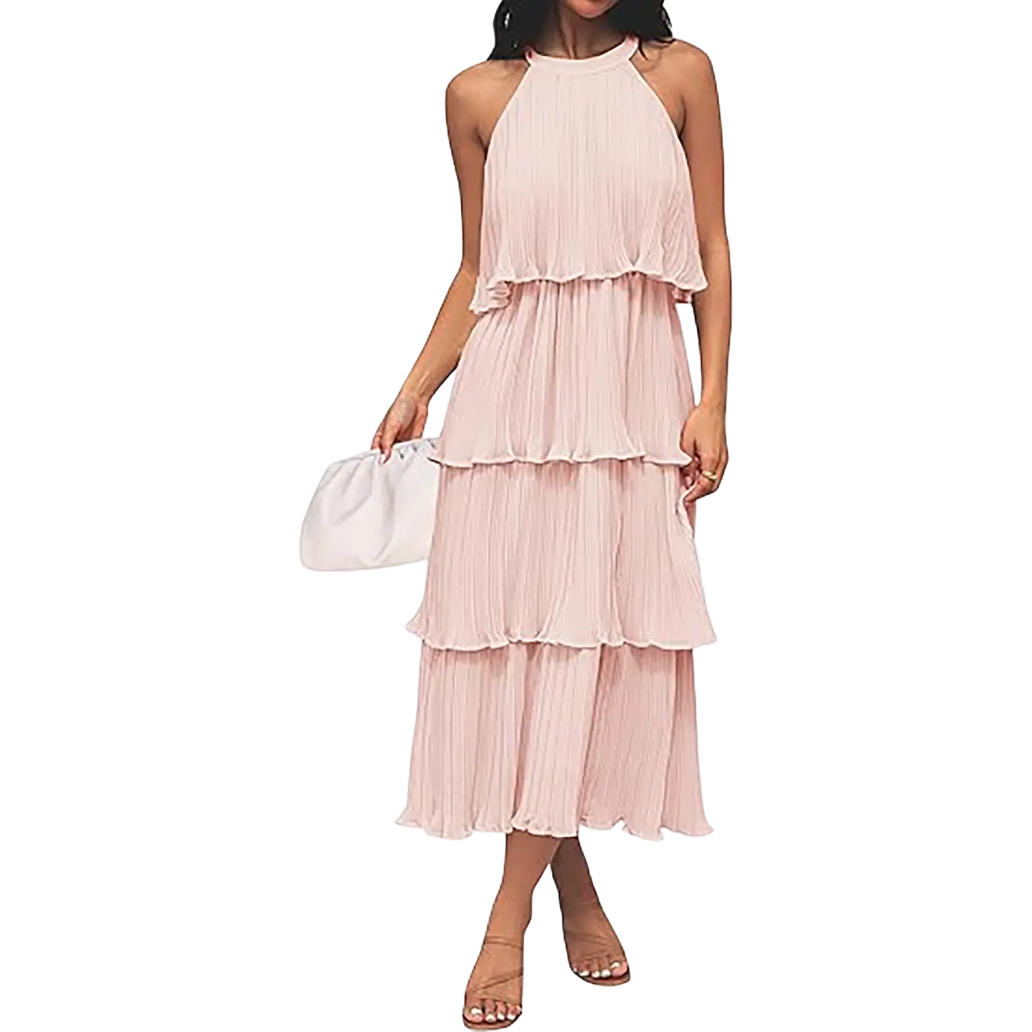Women's 2025 Summer Sleeveless Halter Neck Ruffle Tiered Layed Chiffon Flowy Swing Long Midi Dress