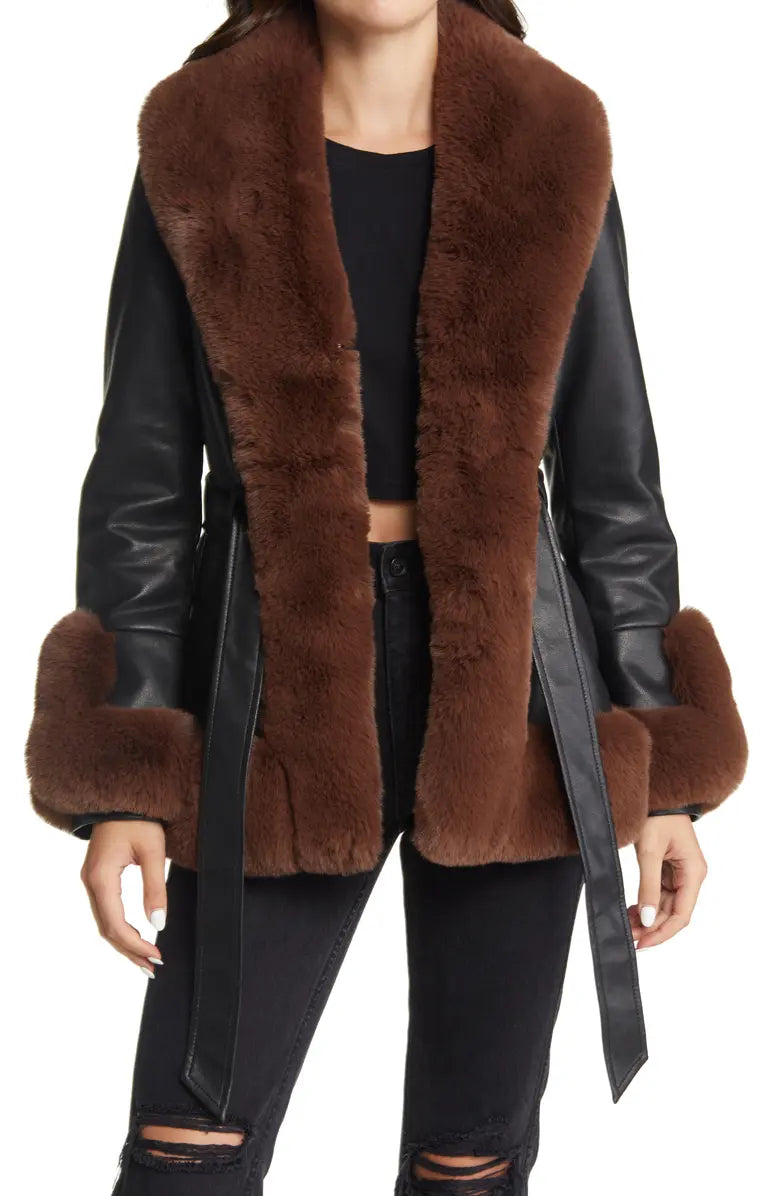 Clearance Sale*KENZY FUR TRIM PEPLUM MOTO IN BLACK BROWN