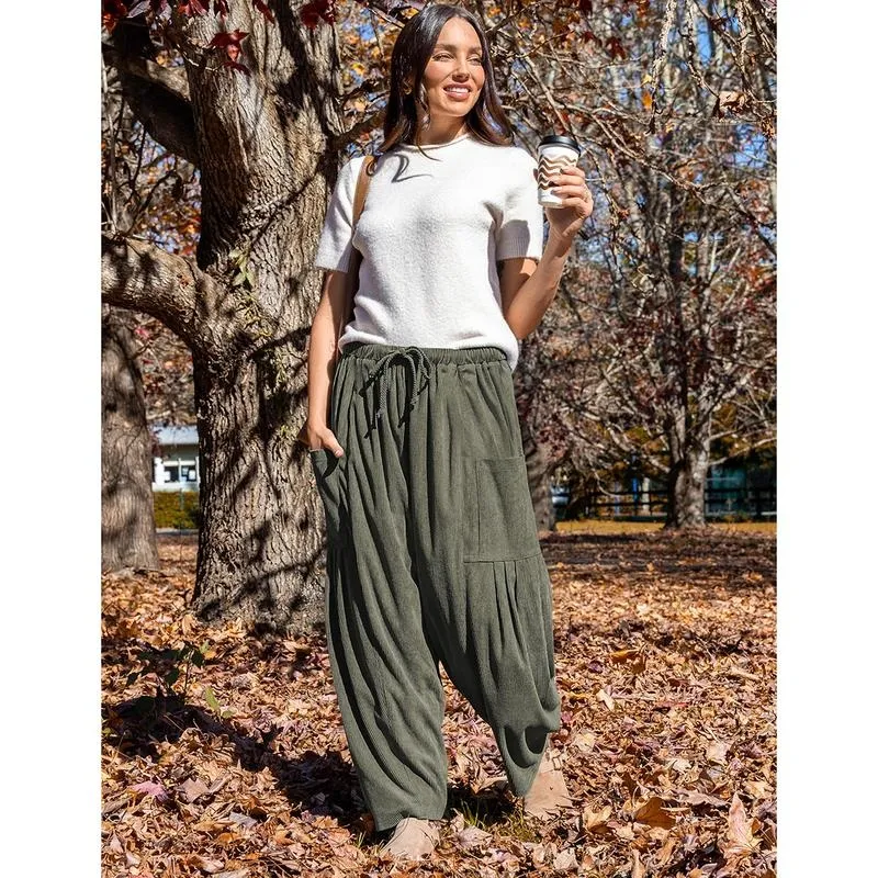 Womens Corduroy Pants Wide Leg Palazzo Harem Pants