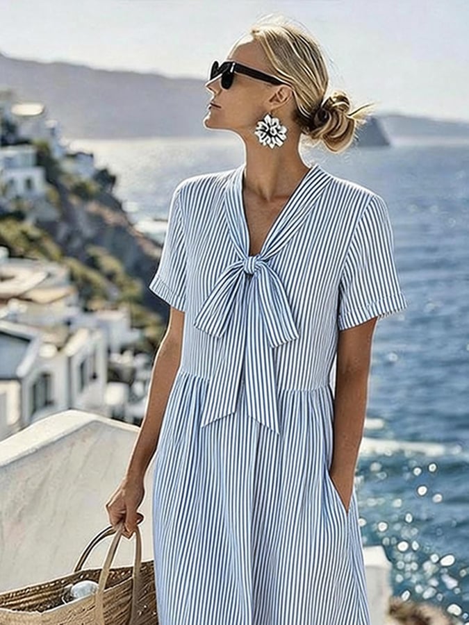 Women's Casual V-neck Striped Resort Dress- Fast Shipping