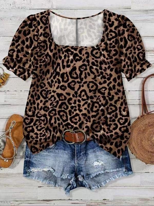 Puff Sleeve Loose Square Neck Floral Elegant T-Shirt