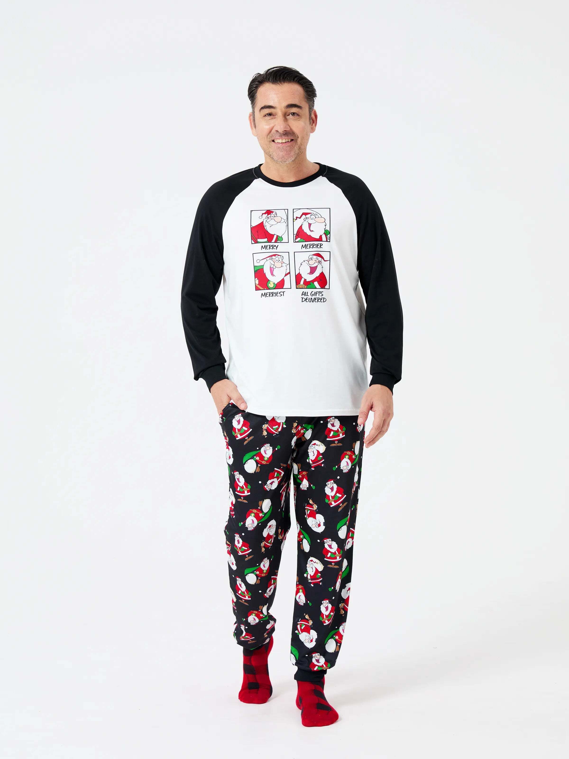 Christmas Matching Family Pajamas Set Christmas Santa Print Black and White PJS with Christmas Socks Black