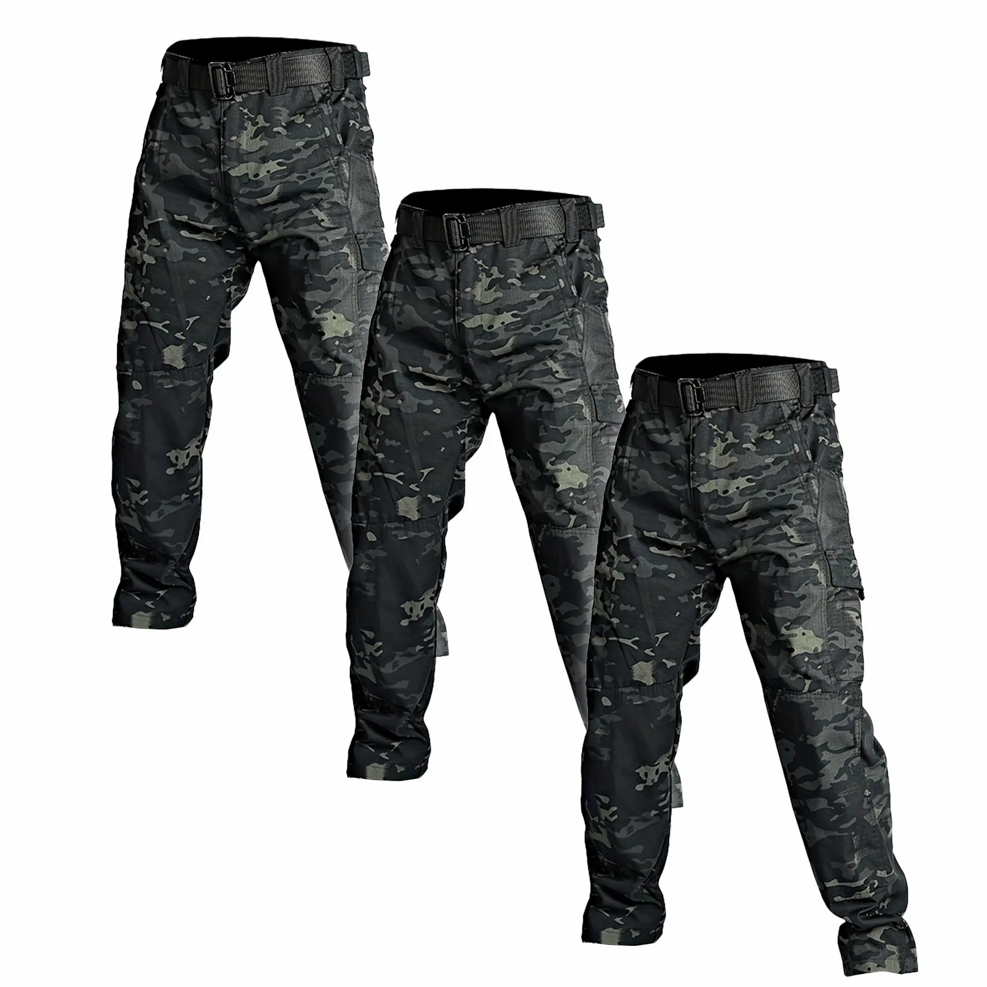 Men's Solid Color Waterproof Tactical Work Pants - 3-Piece Set, Belt-Free, Multi-Pocket, Durable Outdoor Hiking & Casual Pants (Regular Fit)