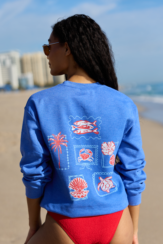 Coastal Stamps Blue Graphic Sweatshirt