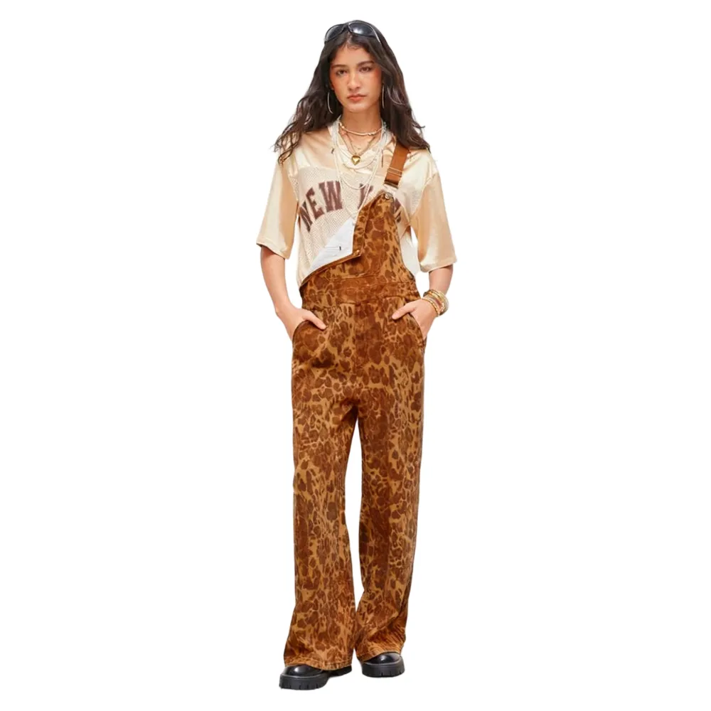Women's Leopard Buckle Oversized Denim Wide Leg Jumpsuit