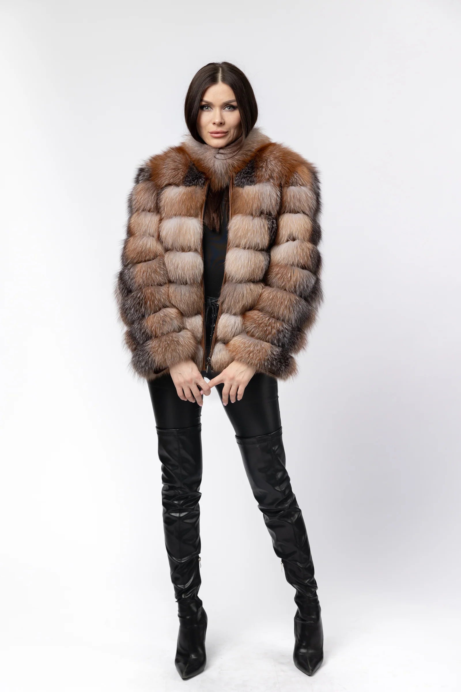 Haină din Blană Naturală de Vulpe, Guler Tunică, Transformabilă, Femei, Brown Frost 271