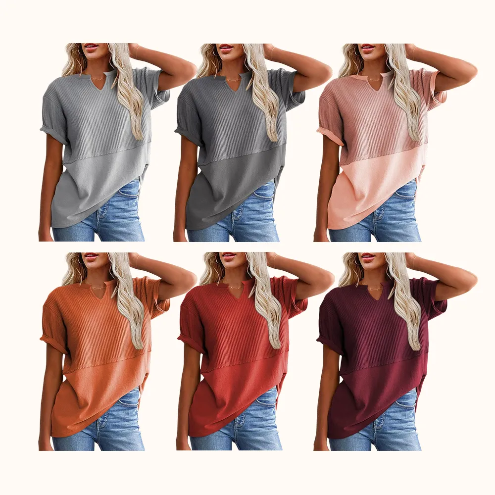 2026 Spring/Summer Cozy Oversized Waffle Knit V-Neck Top Women's Short Sleeve Pullover