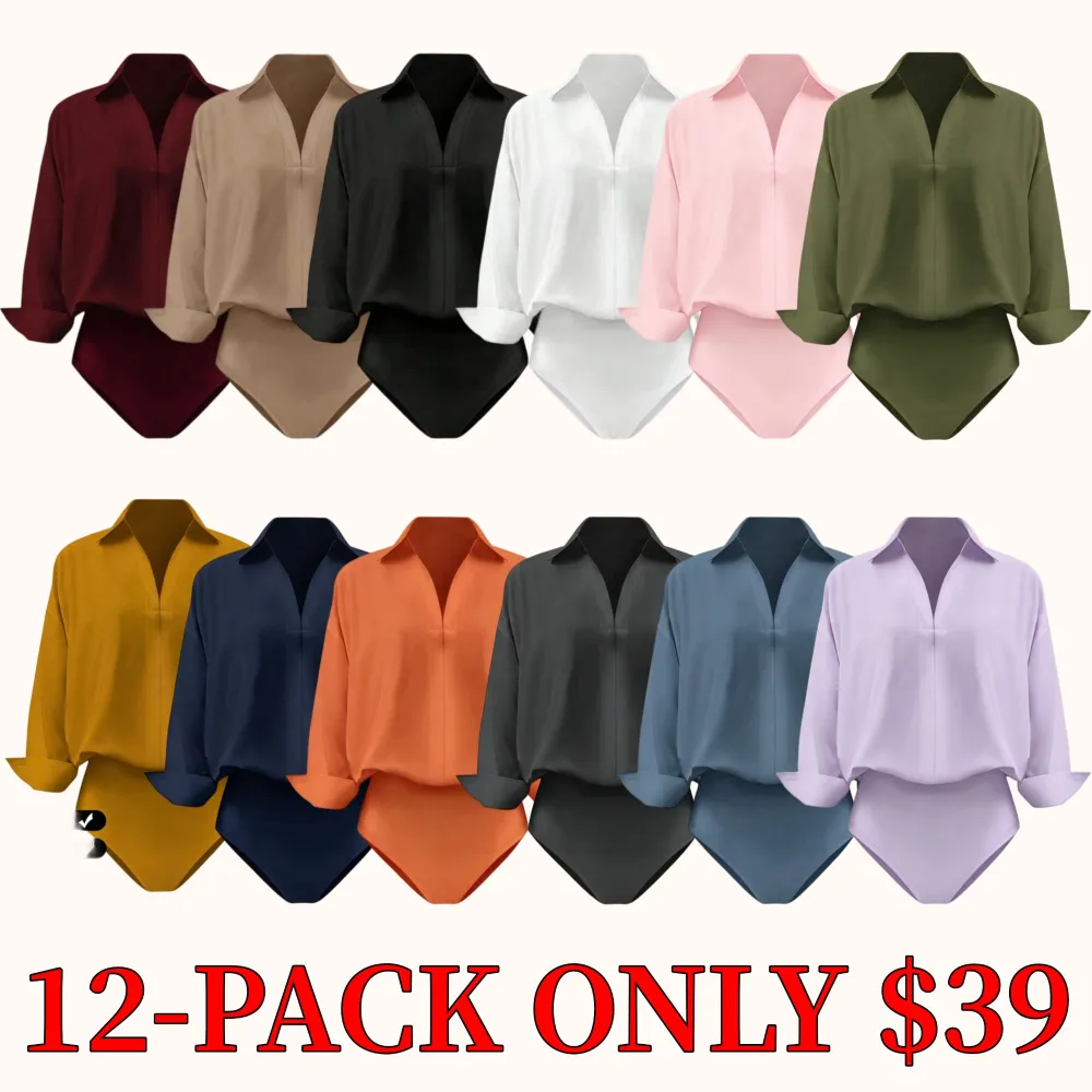 Women's casual loose-fitting V-neck long-sleeved shirt jumpsuit, made from elegant woven fabric