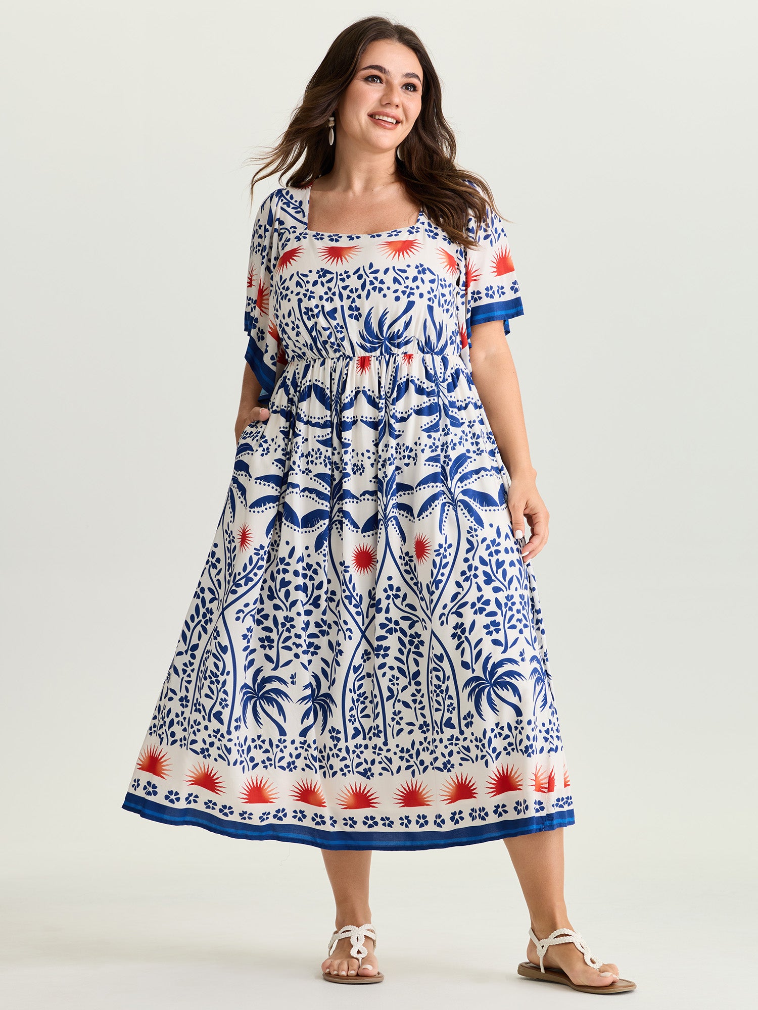 Tropical Print Flared Half-Sleeve Midi Dress