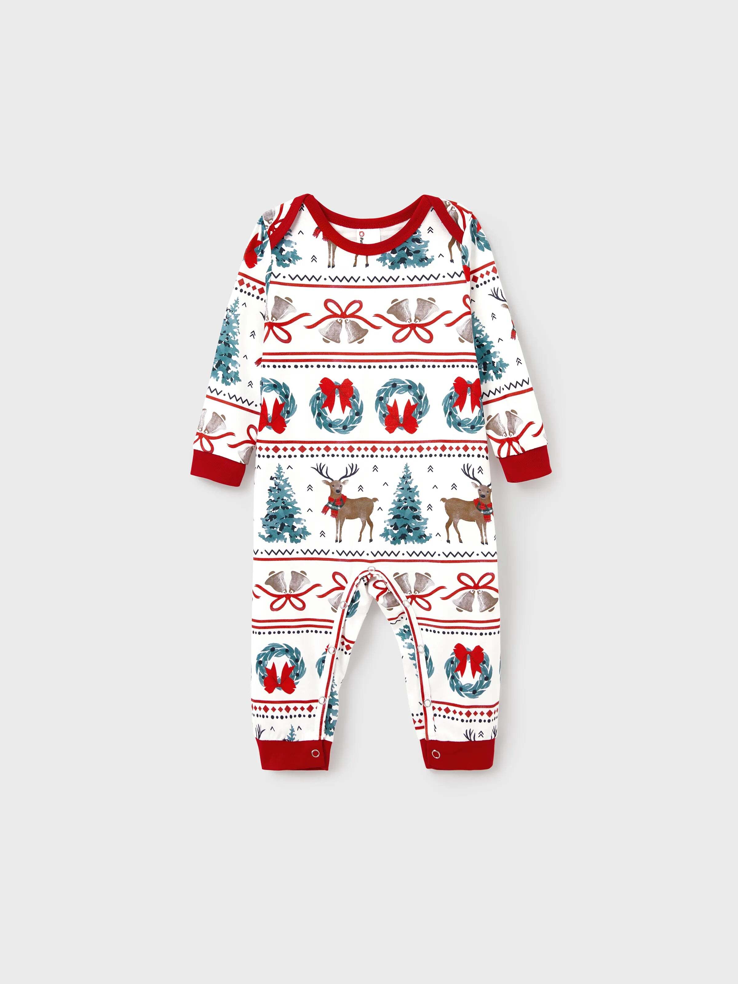 Christmas Matching Family Pajamas Set Christmas Elk and Bell Print Striped PJS with Christmas Socks White