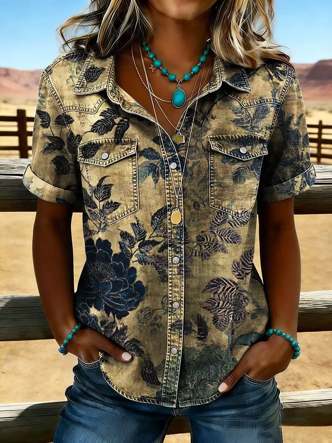 Women's Vintage Floral Print Lapel Pocket Shirt