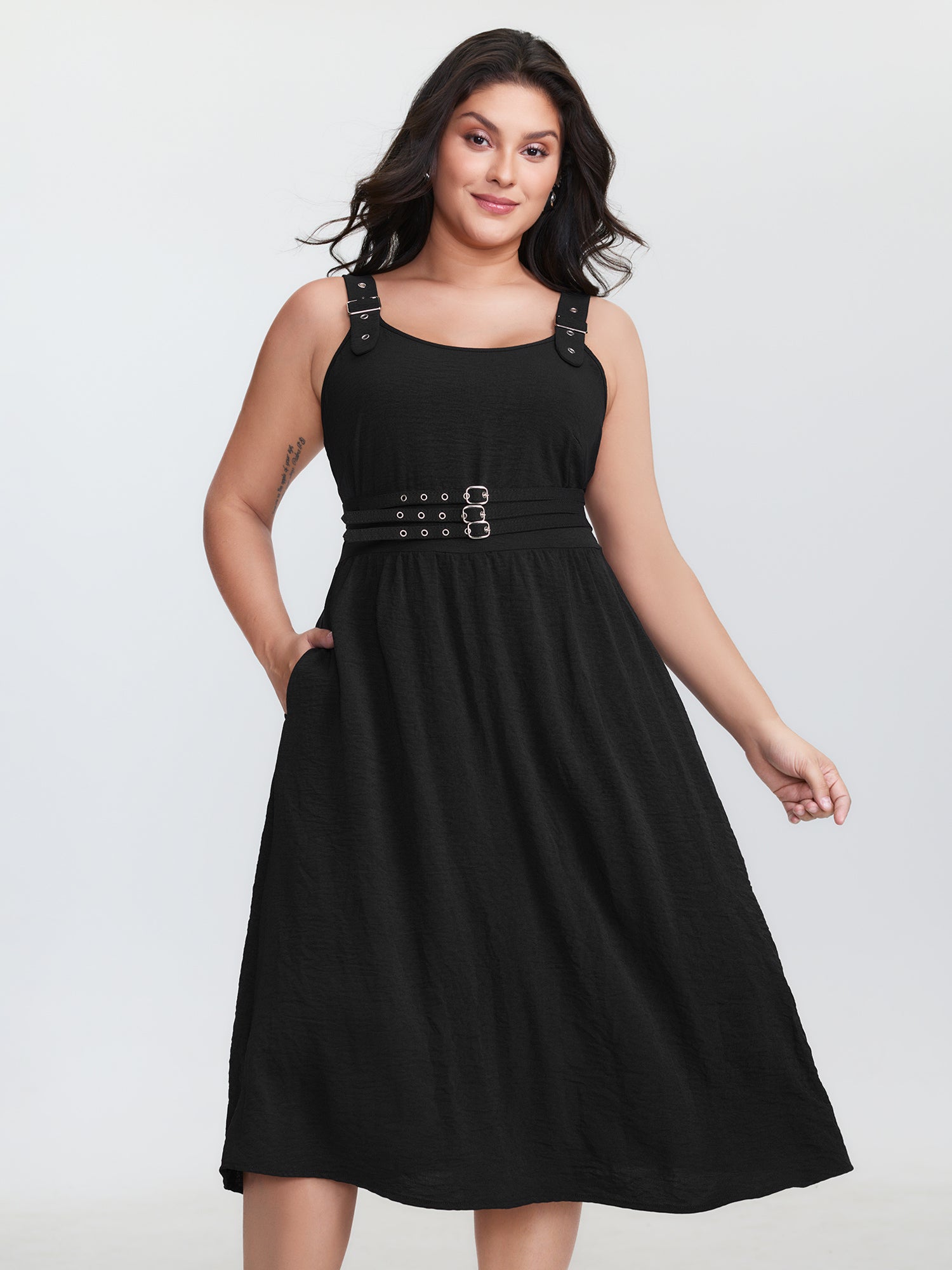 Wide Straps Belted Buckle Detail Midi Dress