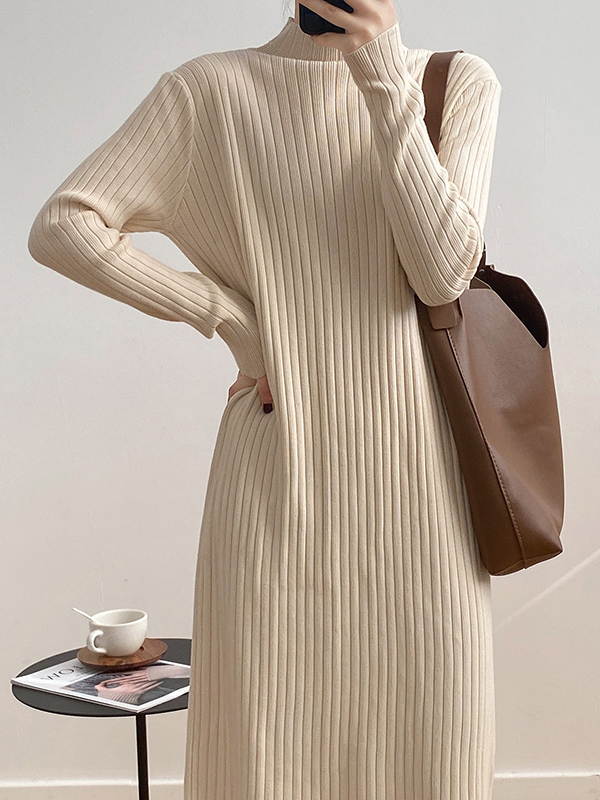 Fringed Solid Color Long Sleeves Loose Mock Neck Sweater Dresses Midi Dresses