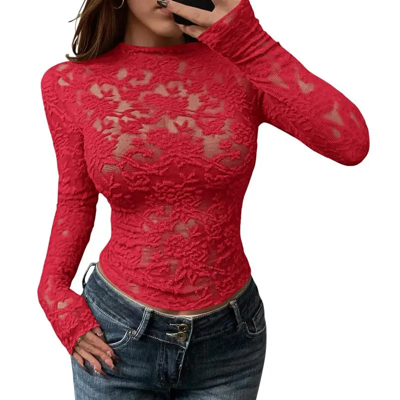 Mesh Long Sleeve Tops for Women Lace Sexy Sheer Tight See Through Crew Neck