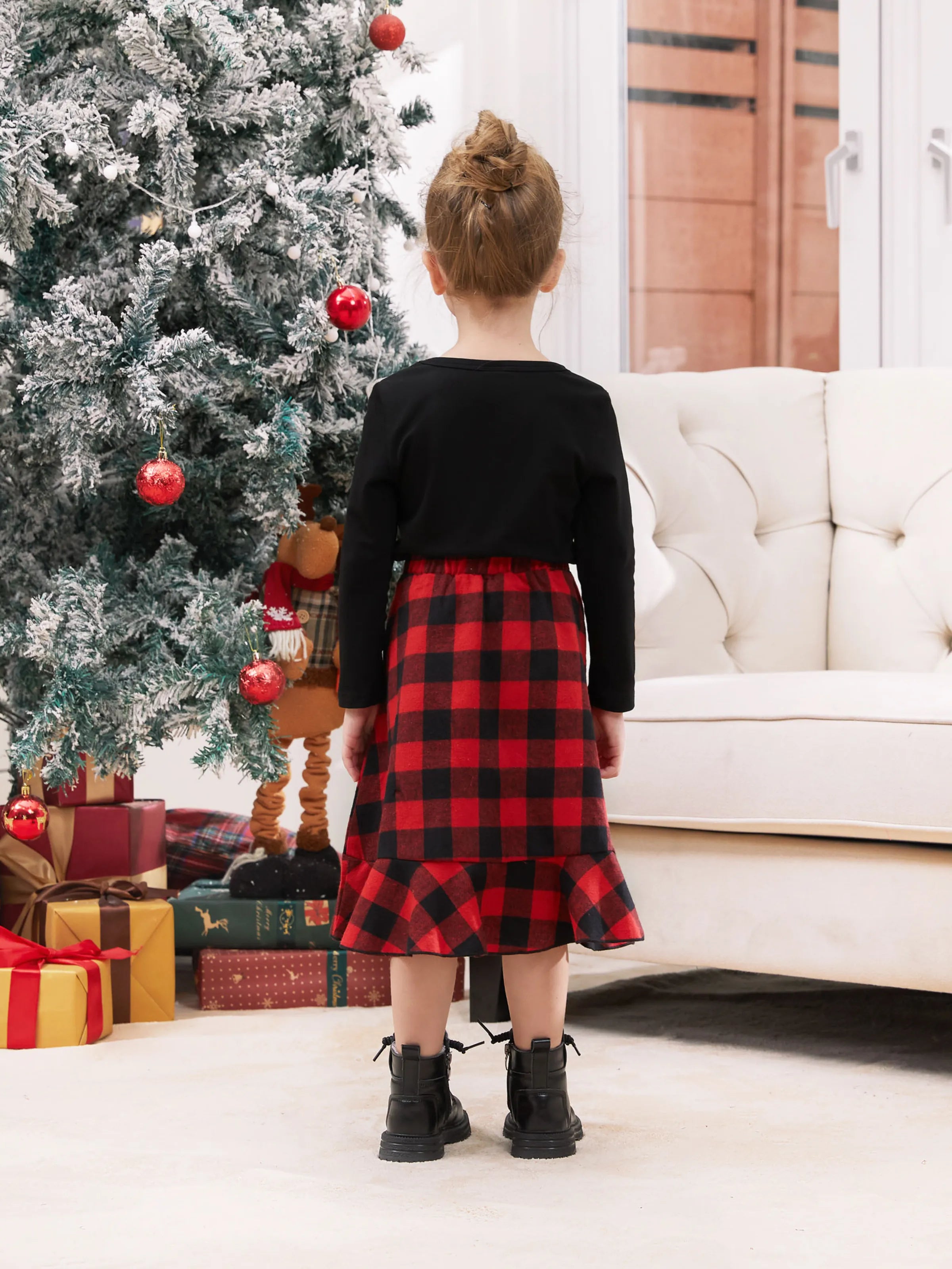 Matching Family Outfits Black and Red Plaid Co-ord Sets Hi-Low Flowy Hemline redblack