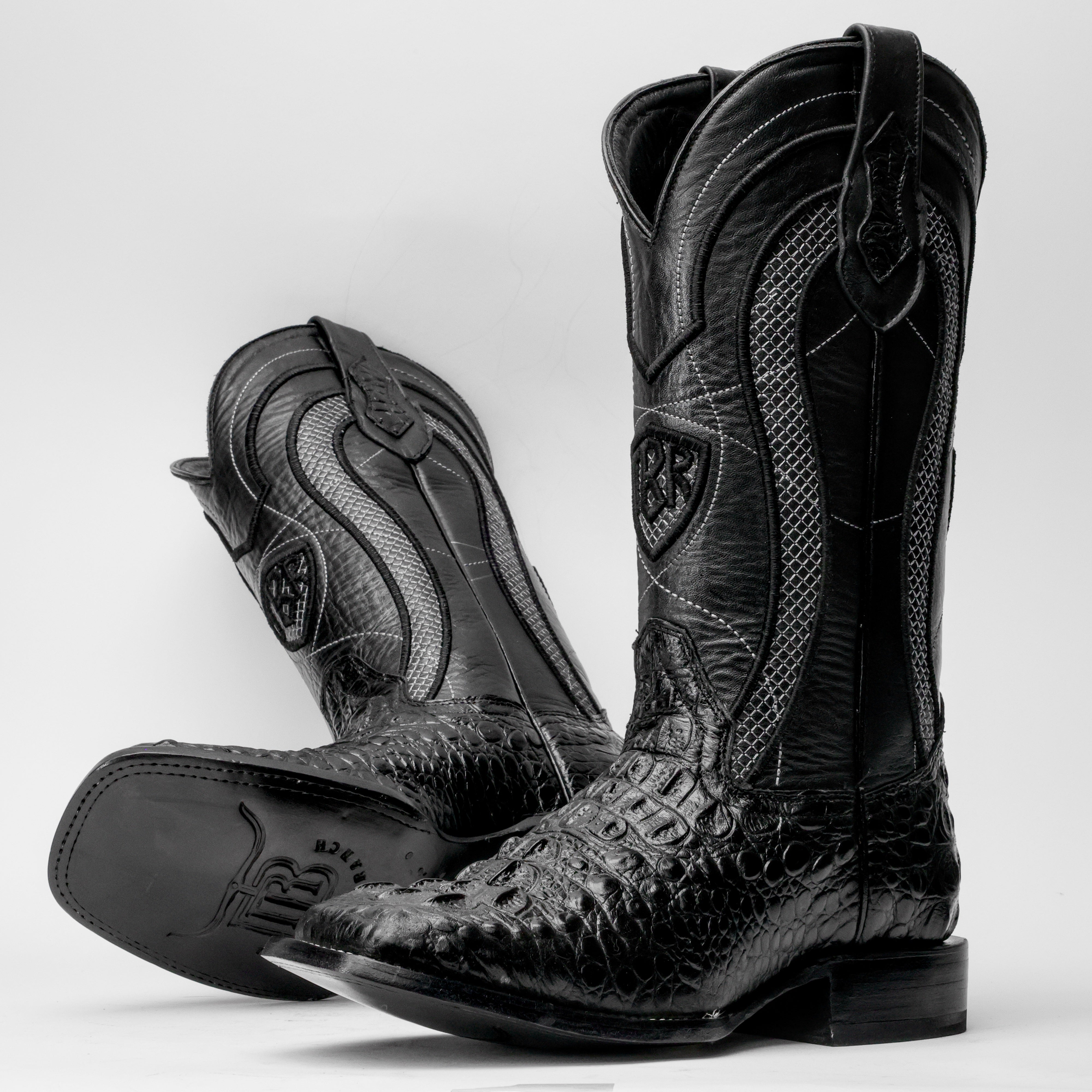 Black Caiman Neck Leather Boots - Square Toe