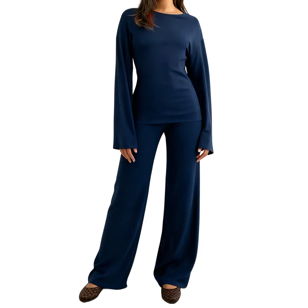 Women's Fall Round Neck Flare Top & Elastic-Waist Pants Set