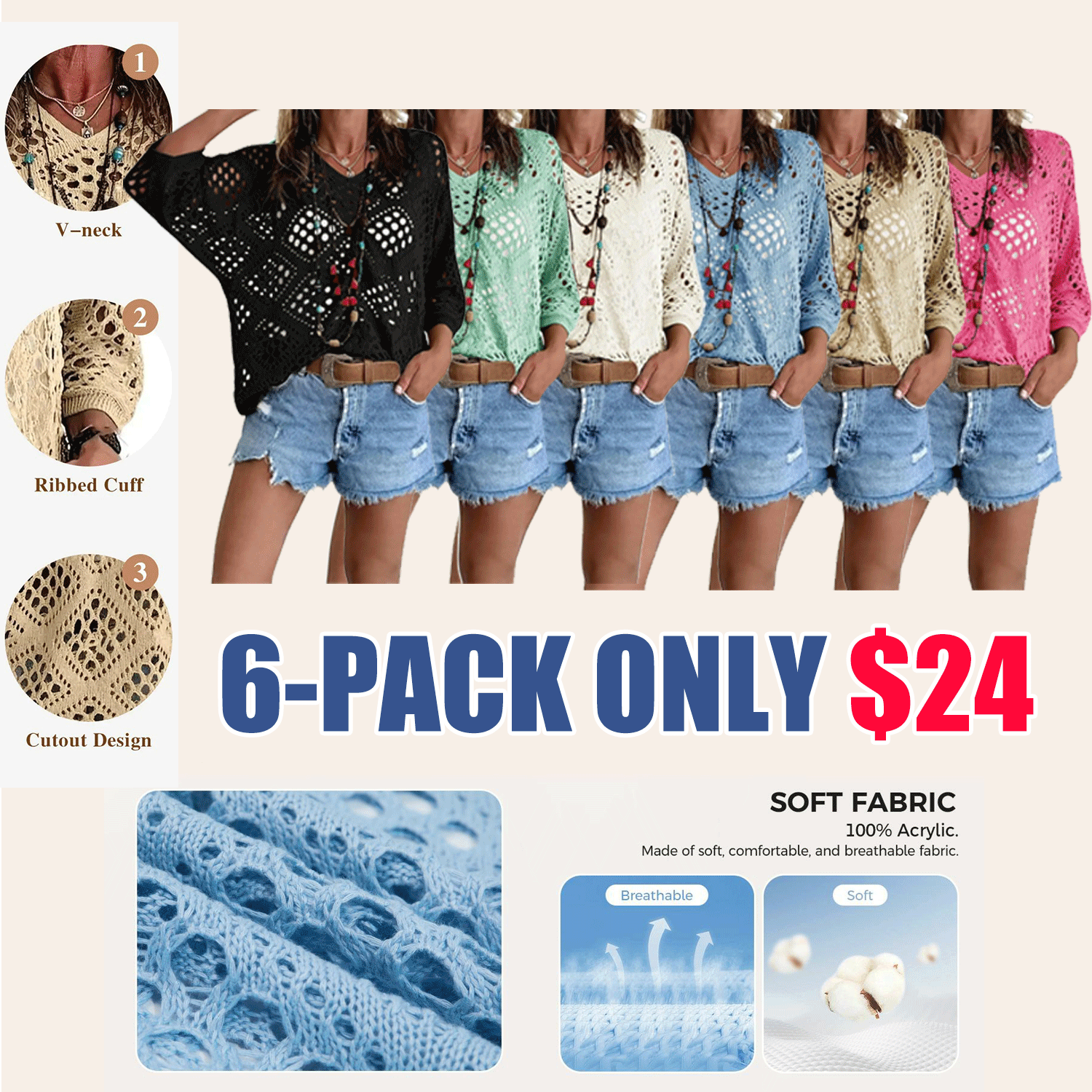 Women's Bohemian-Inspired Beige Crochet Top with V-Neck