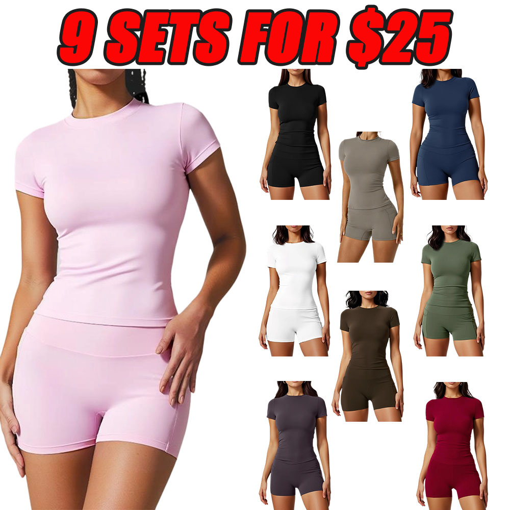 Women's two-piece set sports suit, round neck T-shirt and high waist shorts with pockets