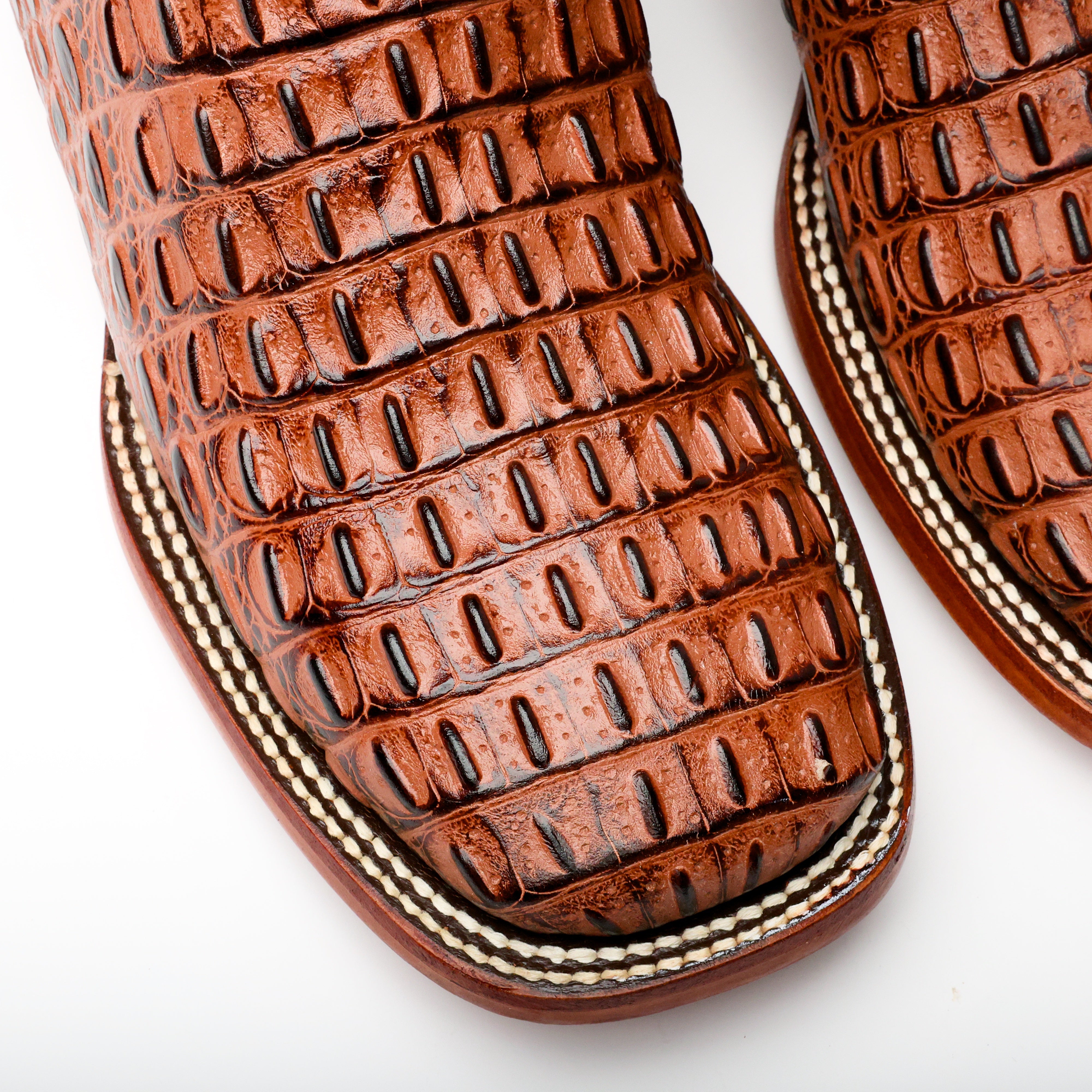 Cognac Caiman Hornback Leather Boots - Square Toe