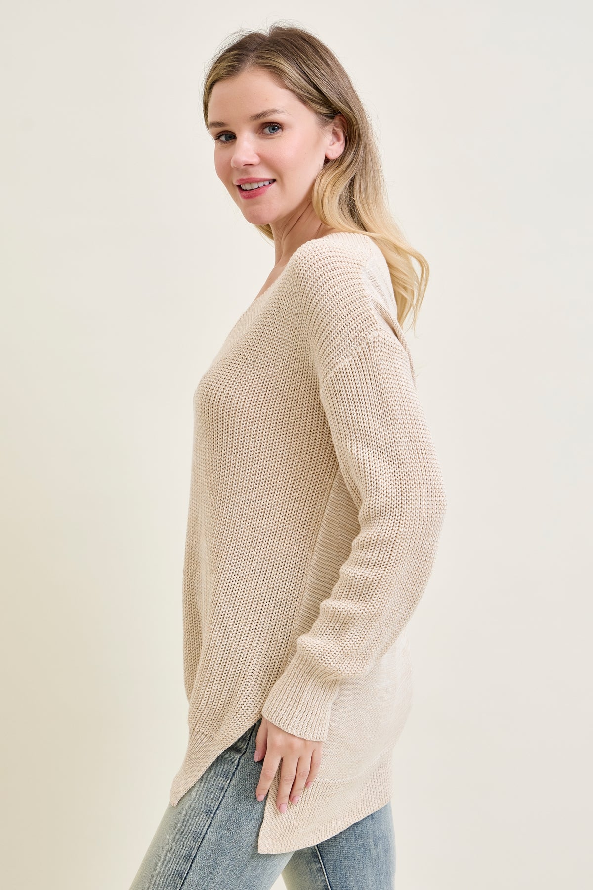 Slouchy V-Neck Off Shoulder Beige Sweater