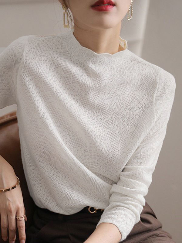 Hollow Jacquard Solid Color Long Sleeves T-Shirts Tops Knitwear